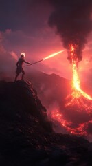 Warrior faces erupting volcano with sword amidst fiery lava and smoke at sunset