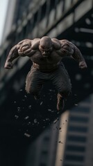 Muscular man leaping from building with intense focus and strength