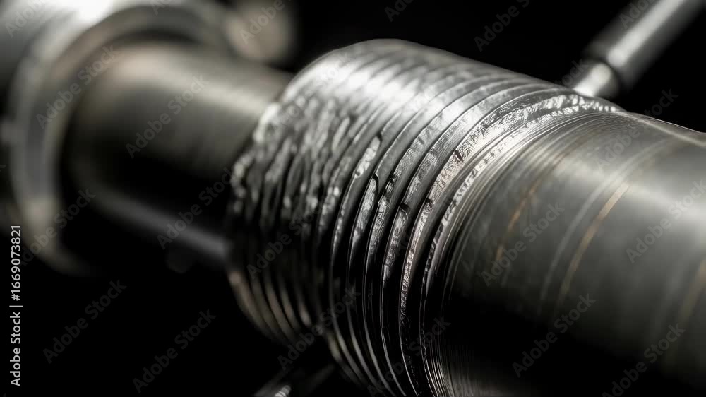 Poster Macro image highlighting thread wear patterns on geothermal drill pipe as part of a maintenance inspection process.
