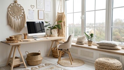 A beautifully arranged home workspace features a wooden desk a comfortable chair and plants all illuminated by natural light filtering through the window