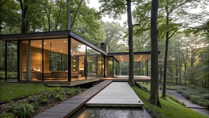 A contemporary glass house with clean lines integrates seamlessly into the lush landscape surrounded by tall trees and greenery offering a peaceful atmosphere