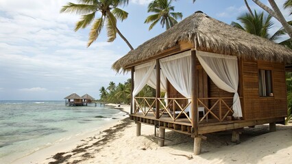 A picturesque beach hut raised on stilts offers stunning views of gentle ocean waves and lush palm trees creating a tranquil tropical paradise atmosphere
