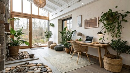 Bright and airy living and working area features a wooden desk plants and decorative stones creating a harmonious blend of nature and creativity