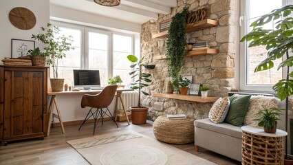 Open concept room features a stylish workspace near large windows adorned with plants and natural materials creating a warm and inviting atmosphere
