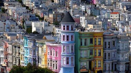 Obraz premium Vibrant, colorful houses line a city street, showcasing a captivating urban landscape.