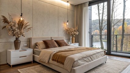 Cozy bedroom designed with earth tone bedding minimalist decor large windows showcasing nature and warm lighting creating a tranquil atmosphere