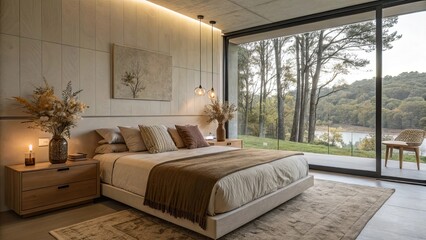 This minimalist bedroom features earth tone bedding elegant decor and large windows that open to a calming view of trees and a tranquil body of water