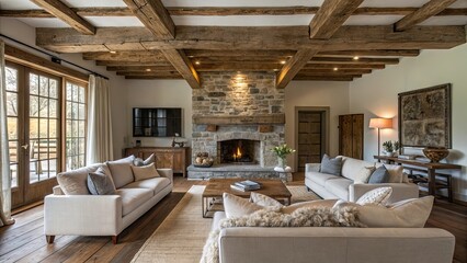 Stylish modern rustic living room showcases reclaimed wood art plush seating and a beautiful stone fireplace creating a welcoming environment