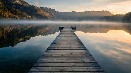 Obraz premium A tranquil wooden pier extends into a serene lake, reflecting a misty mountain range at sunrise.