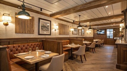 Stylish dining space features rich wooden accents vintage art and cozy seating creating a warm atmosphere for enjoying meals with friends and family