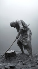 Solitary statue of a cane-holding figure standing on rocky terrain