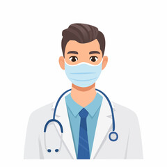 Fototapeta premium A cartoon illustration of a male doctor wearing a blue face mask and a stethoscope around his neck.