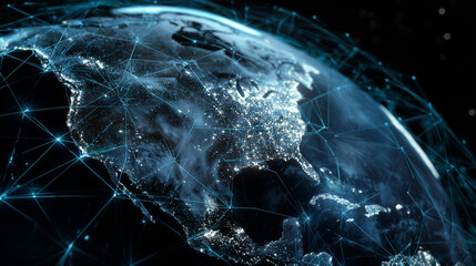connected earth with geometric lines and bright connect triangle gridlines, stock imagery, dark blues and backs with glowing cyan-white connecting lines, north america --ar 16:9