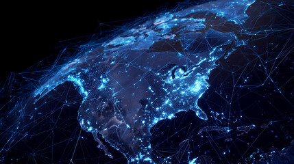 connected earth with geometric lines and bright connect triangle gridlines, stock imagery, dark blues and backs with glowing cyan-white connecting lines, north america --ar 16:9