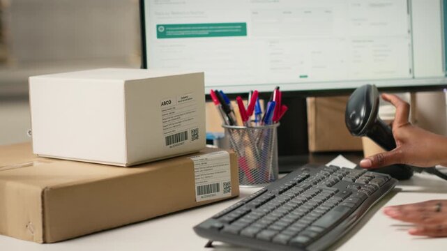 African american woman scanning the barcodes for shipment details on boxes, registering the airway bill data on a package tracking software with accurate parcel updates. Scanner tech. Camera B.