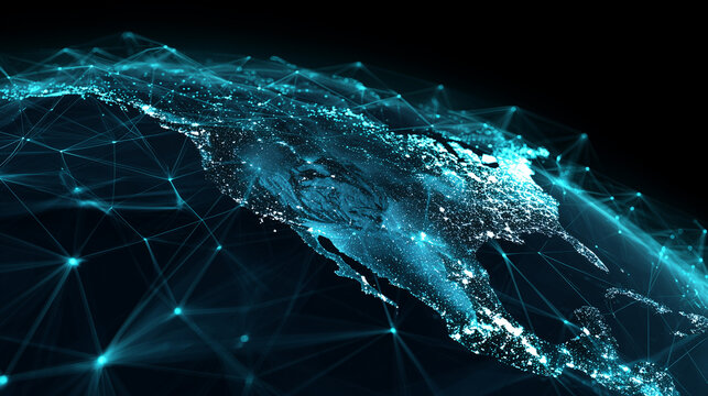 connected earth with geometric lines and bright connect triangle gridlines, stock imagery, dark blues and backs with glowing cyan-white connecting lines, north america --ar 16:9 - Powered by Adobe