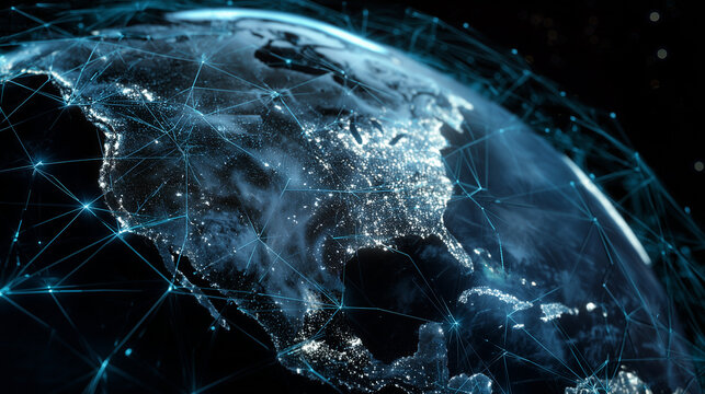connected earth with geometric lines and bright connect triangle gridlines, stock imagery, dark blues and backs with glowing cyan-white connecting lines, north america --ar 16:9