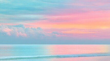 A serene seascape bathed in pastel hues of a tranquil sunset, featuring soft clouds and gentle waves.