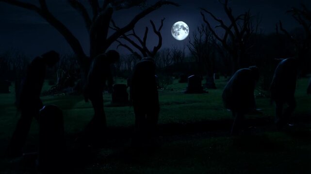 Ghouls unearthing graves in a cemetery under full moon