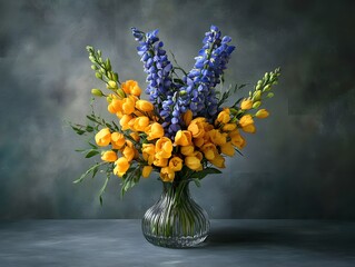 Vibrant Yellow and Blue Flower Bouquet in Glass Vase
