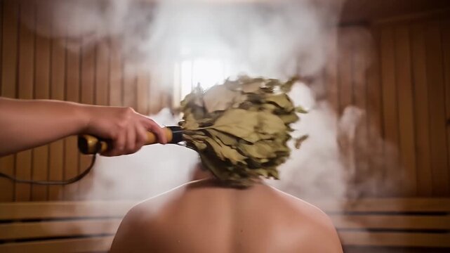 Invigorating Venik Massage in Steamy Sauna A Close-Up of Man Back Receiving Traditional Treatment for Wellness and Relaxation in Wooden Interior with Rising Steam Creates Serene Ambiance