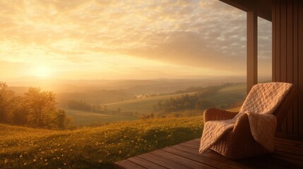 Serene sunset view from cozy porch overlooking tranquil rolling hills and fields