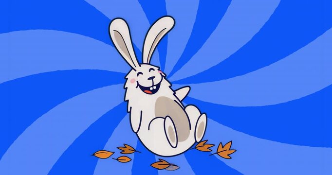 With orange leaves falling, white rabbit righting itself, spinning and watching drifting leaves