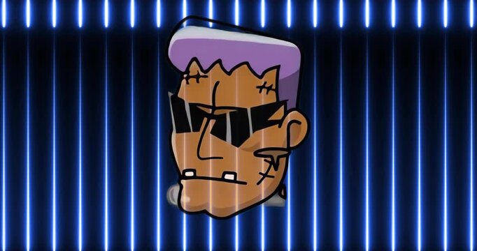 Initial head sporting sunglasses, smoking rotating right settling into profile in neon bar backdrop