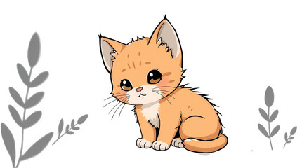 Obraz premium An adorable orange kitten with large expressive eyes sits peacefully near stylized leaves showcasing its playful nature in a cartoon art style