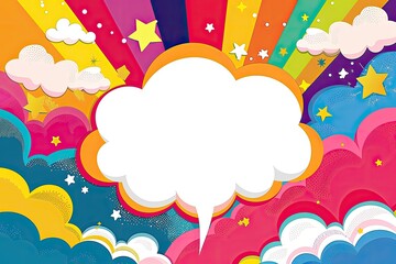 Colorful cloud speech bubble, rainbow background, stars, design element