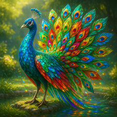 Obraz premium AI-generated image of a hyper-realistic Crystal Peacock standing proudly in a sunlit meadow.