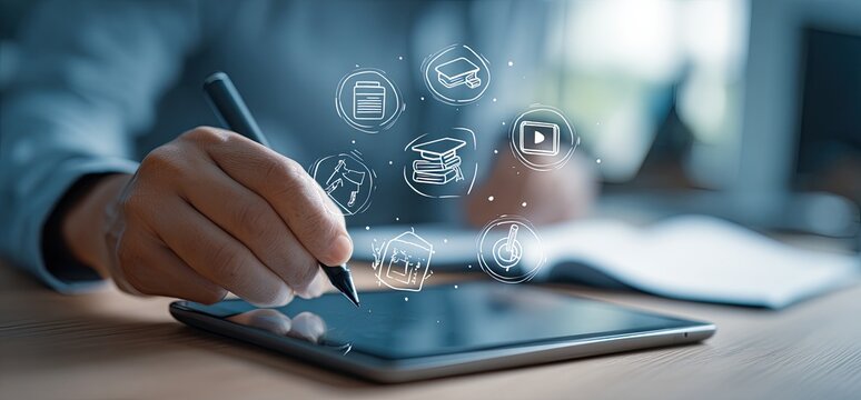 Close-up of a person using a tablet computer, with educational and learning icons superimposed