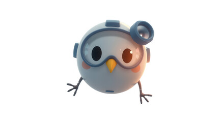 A charming cartoon bird character features a round body and large expressive eyes wearing playful goggles