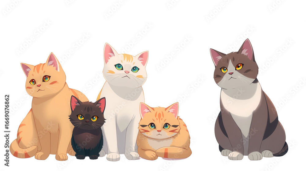 Poster five cartoon cats sit together showcasing a variety of colors and fur patterns. each cat has unique 