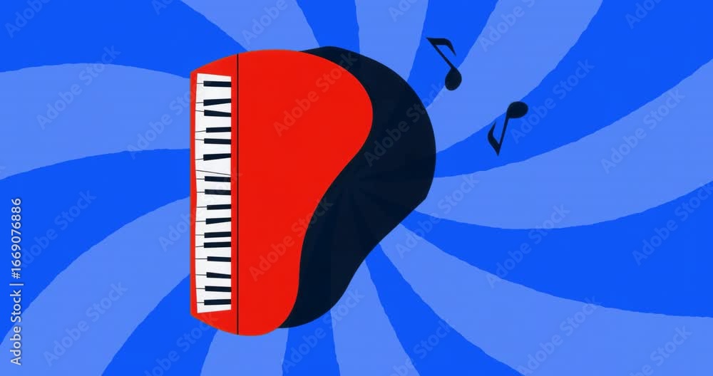 Poster animation opening grand piano appearing over rotating blue spiral pulsing drifting notes for loop