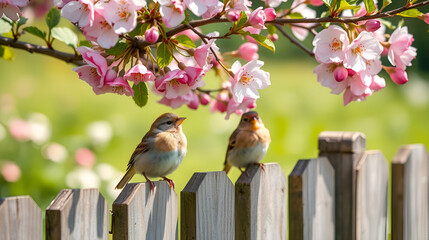cute little birds sparrows sitting on wooden fence under blooming pink Apple tree branch in may garden on Sunny day