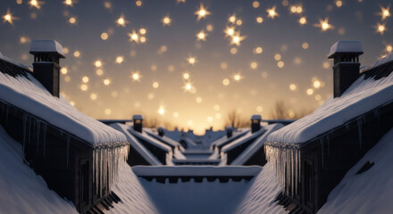 Snowy rooftops of a village at night, illuminated by a starry sky.
