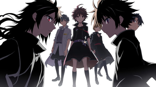 Five characters stand with intense expressions showcasing unique hairstyles and outfits in a dramatic fantasy setup with a bold contrasting background