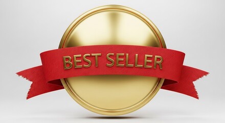 Golden Best Seller Emblem with Red Ribbon on White Background