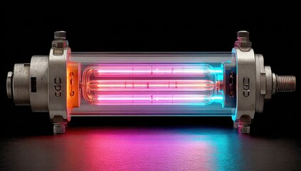 Cylindrical tube with glowing, dual-toned gas discharge lamps, encased in metal