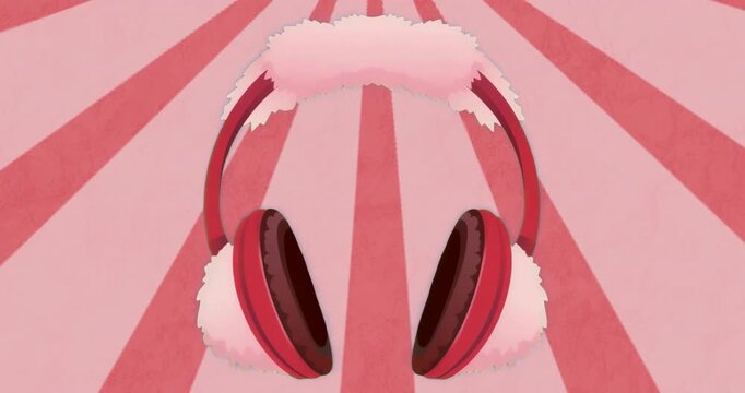 Headphones appearing on muted rose, pink rays pulsing and fading, showcasing fluffy earmuff design