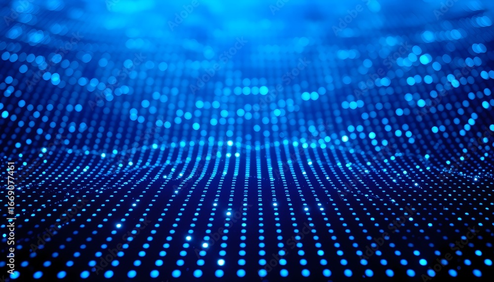 Poster abstract blue background with glowing dots, creating a wave-like pattern, evoking a sense of depth a
