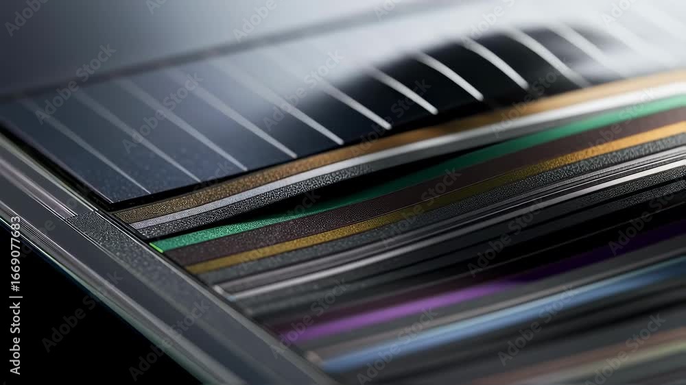 Poster macro shot of a heterojunction solar cell wafer showing distinct layers formed during the advanced t