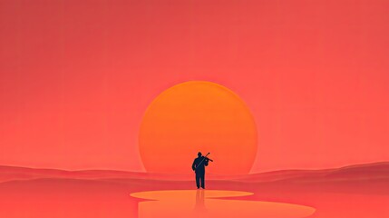 Silhouette of a person playing a violin at sunset.