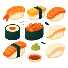 colorful sushi assortment with salmon maki rolls and nigiri served with soy sauce wasabi on white background for foodie culinary concept