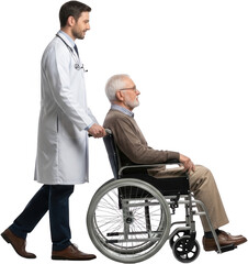 A male doctor in a white coat pushes an elderly man in a wheelchair isolate medical healthcare patient