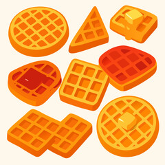 colorful illustration of various waffles with butter and syrup on a plain background for food and breakfast concepts