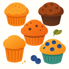 five colorful muffins with blueberries and chocolate chips on white background