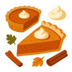 pumpkin pie slices with whipped cream toppings and cinnamon sticks on white background for thanksgiving dessert