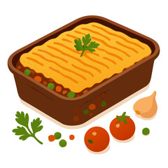 a brown baking dish of shepherds pie with vegetables and herbs on a white background